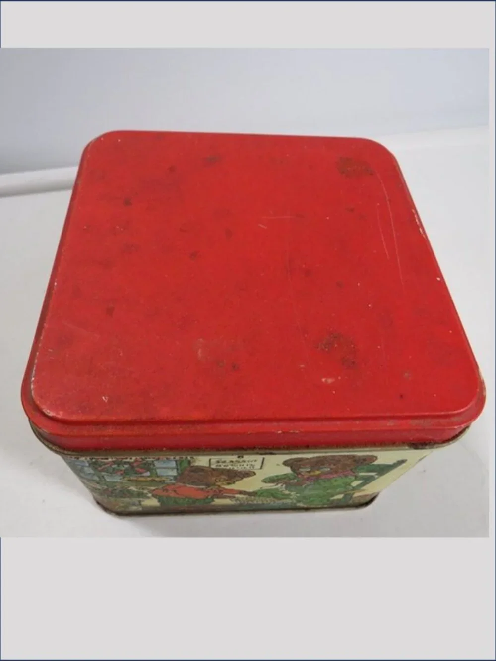 Vintage Teddy Bears in Kitchen Tin Container Square Holiday Metal Box Storage